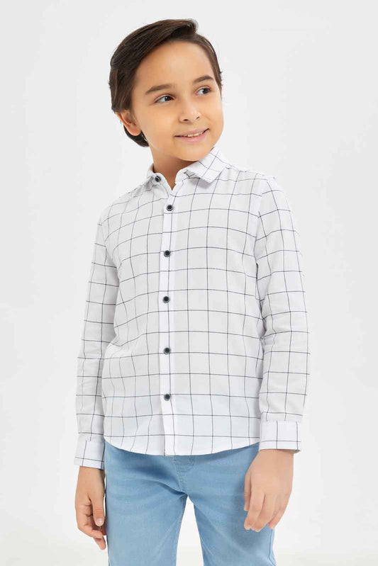 Redtag-Boys-White-Short-Sleeve-Over-Size-Check-Shirt-BOY-Shirts,-Category:Shirts,-Colour:White,-Deals:New-In,-Dept:Boys,-Filter:Boys-(2-to-8-Yrs),-New-In-BOY-APL,-Non-Sale,-S23C,-Section:Boys-(0-to-14Yrs)-Boys-2 to 8 Years