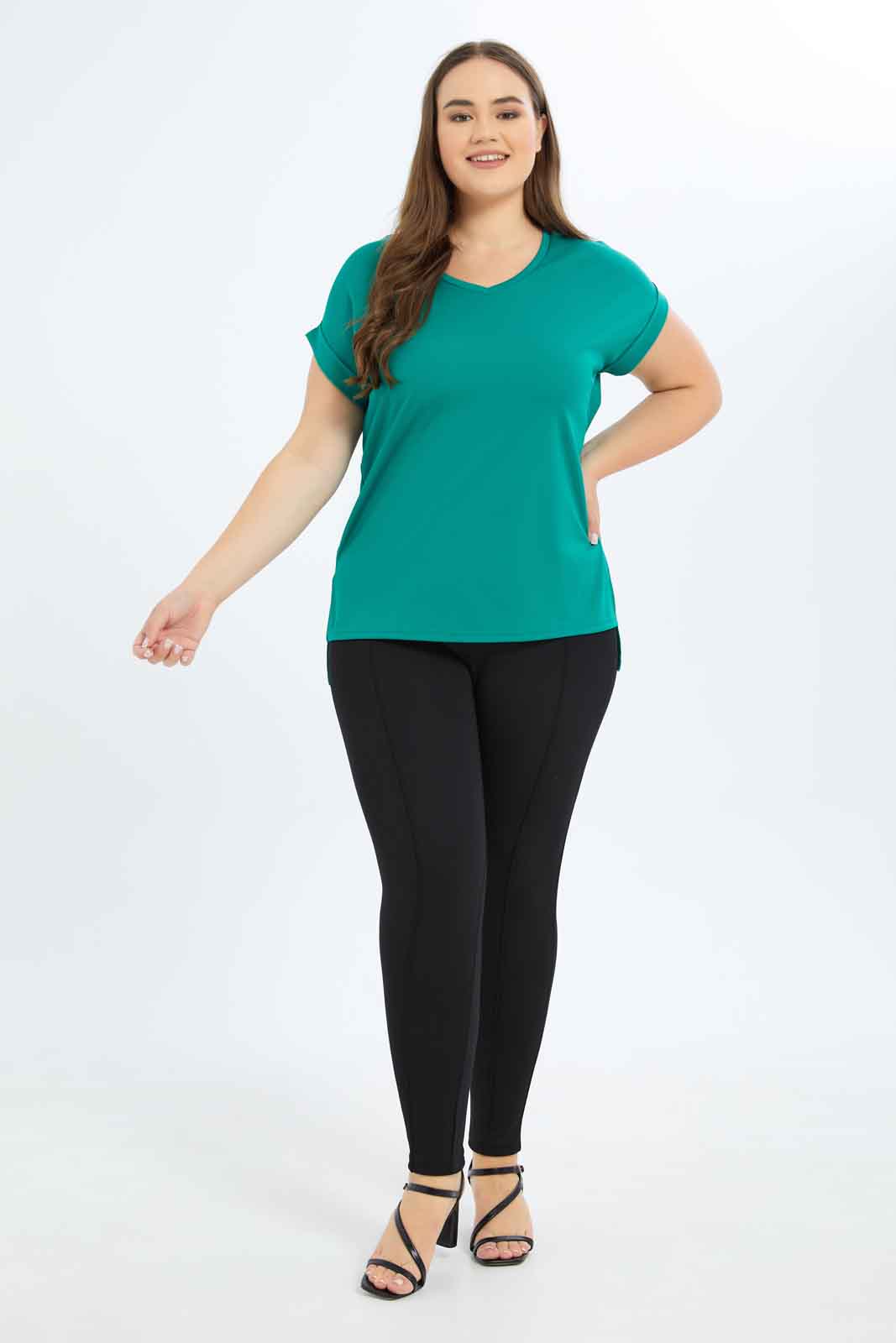 Redtag-Women-Green-Solid-'V'-Nake-T-Shirt-Category:T-Shirts,-Colour:Green,-Deals:New-In,-Dept:Ladieswear,-Filter:Plus-Size,-LDP-T-Shirts,-New-In-LDP-APL,-Non-Sale,-S23B,-Section:Women-Women's-
