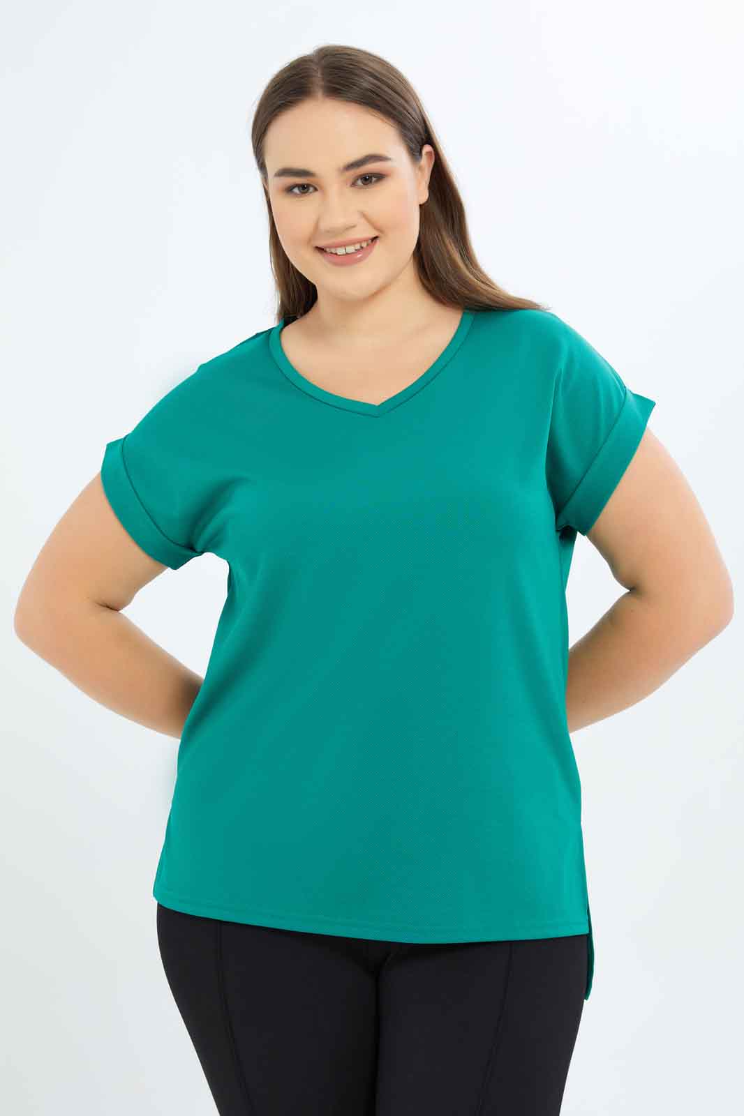 Redtag-Women-Green-Solid-'V'-Nake-T-Shirt-Category:T-Shirts,-Colour:Green,-Deals:New-In,-Dept:Ladieswear,-Filter:Plus-Size,-LDP-T-Shirts,-New-In-LDP-APL,-Non-Sale,-S23B,-Section:Women-Women's-