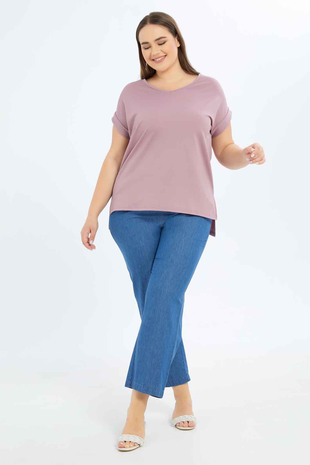 Redtag-Women-Mauve-Solid-'V'-Nake-T-Shirt-Category:T-Shirts,-Colour:Mauve,-Deals:New-In,-Dept:Ladieswear,-Filter:Plus-Size,-LDP-T-Shirts,-New-In-LDP-APL,-Non-Sale,-S23B,-Section:Women-Women's-