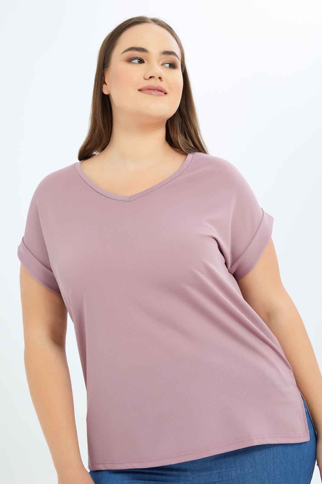 Redtag-Women-Mauve-Solid-'V'-Nake-T-Shirt-Category:T-Shirts,-Colour:Mauve,-Deals:New-In,-Dept:Ladieswear,-Filter:Plus-Size,-LDP-T-Shirts,-New-In-LDP-APL,-Non-Sale,-S23B,-Section:Women-Women's-