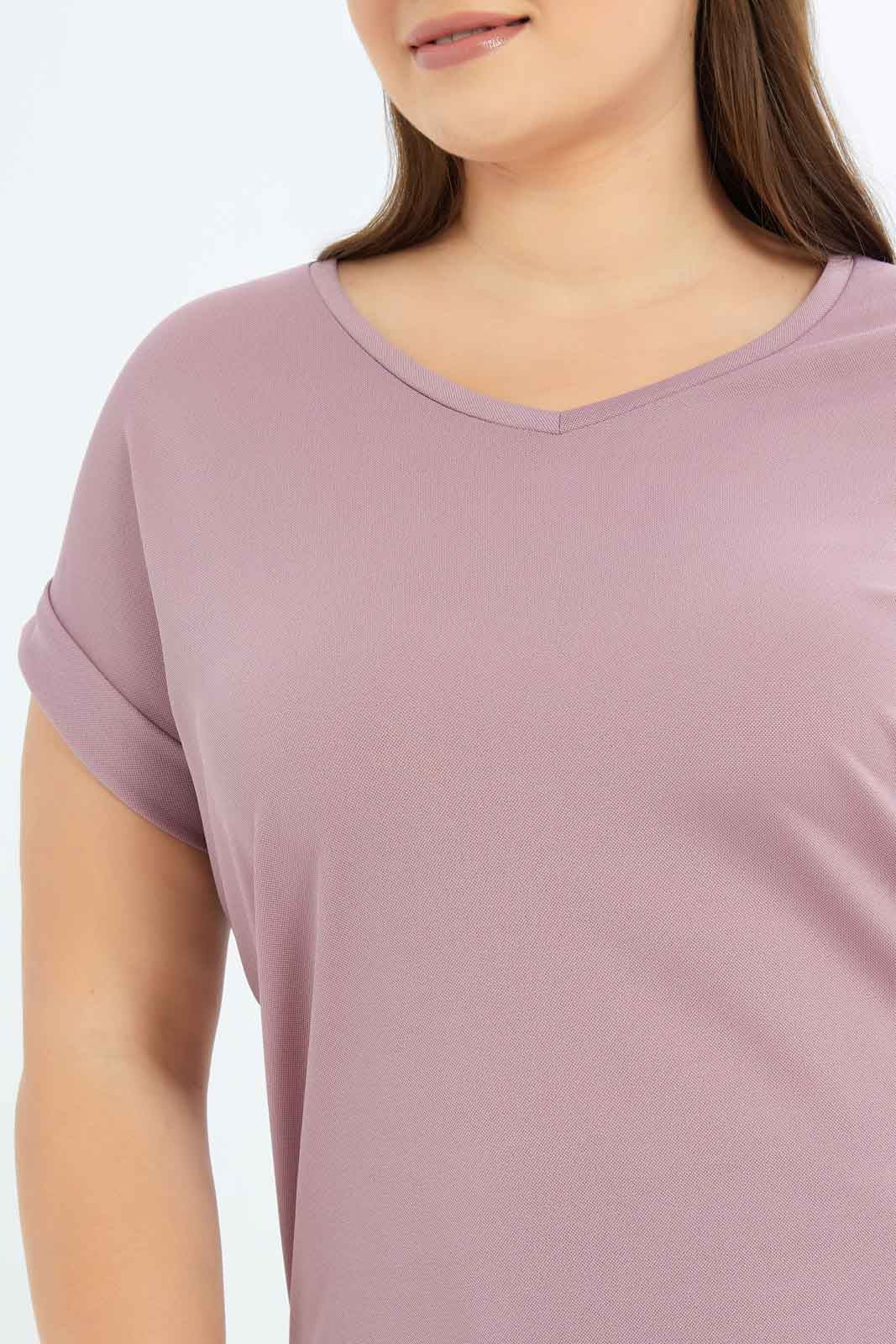 Redtag-Women-Mauve-Solid-'V'-Nake-T-Shirt-Category:T-Shirts,-Colour:Mauve,-Deals:New-In,-Dept:Ladieswear,-Filter:Plus-Size,-LDP-T-Shirts,-New-In-LDP-APL,-Non-Sale,-S23B,-Section:Women-Women's-
