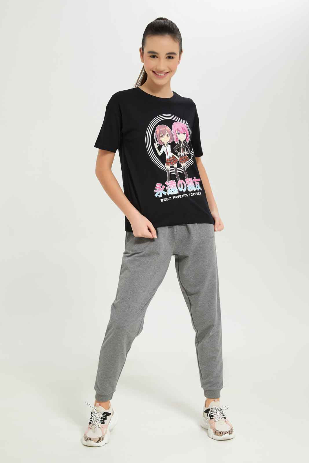 Redtag-Girls-Black-Girly-Print-T-Shirt-Category:T-Shirts,-Colour:Black,-Deals:New-In,-Filter:Senior-Girls-(8-to-14-Yrs),-GSR-T-Shirts,-New-In-GSR-APL,-Non-Sale,-S23B,-Section:Girls-(0-to-14Yrs),-TBL-Senior-Girls-9 to 14 Years