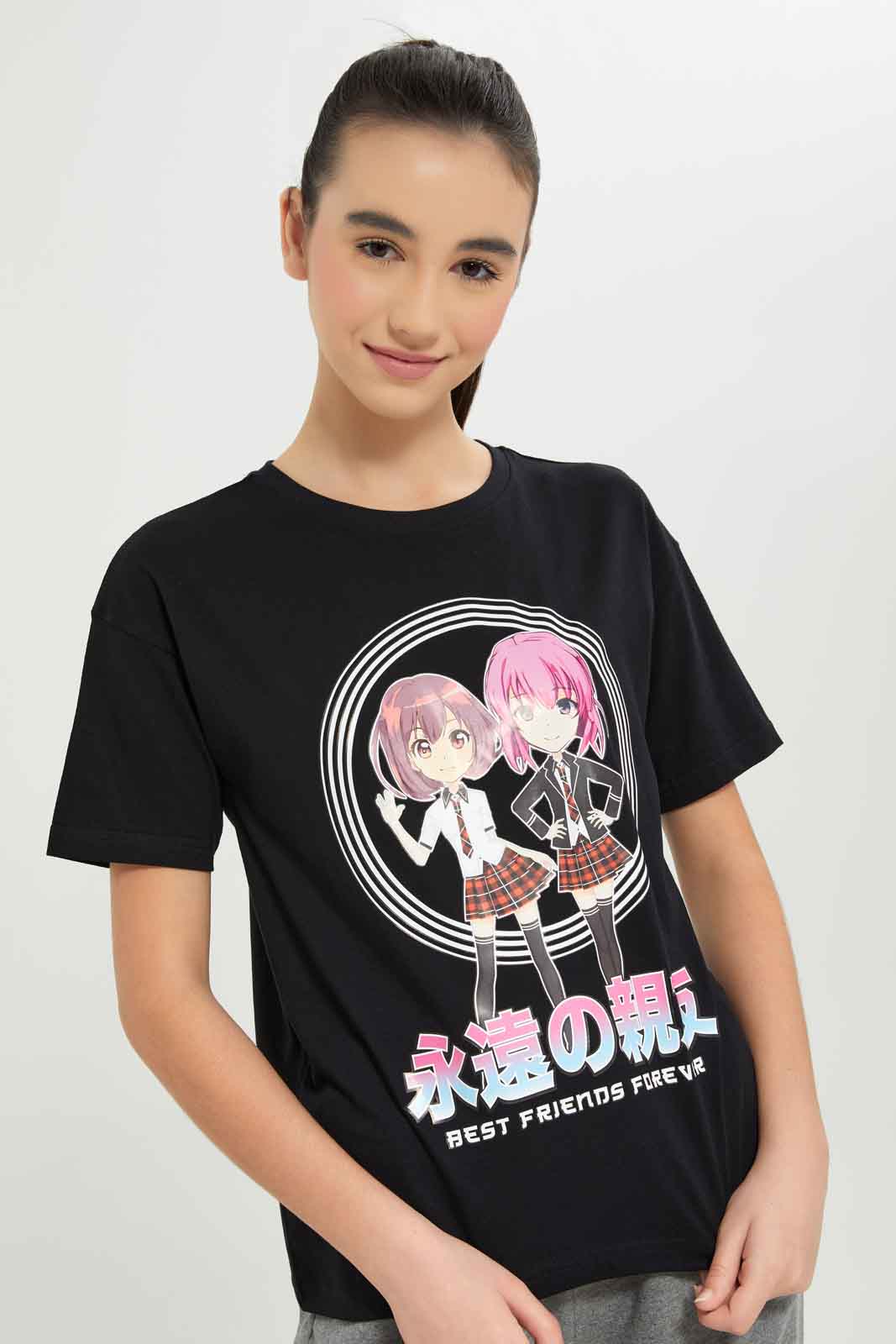 Redtag-Girls-Black-Girly-Print-T-Shirt-Category:T-Shirts,-Colour:Black,-Deals:New-In,-Filter:Senior-Girls-(8-to-14-Yrs),-GSR-T-Shirts,-New-In-GSR-APL,-Non-Sale,-S23B,-Section:Girls-(0-to-14Yrs),-TBL-Senior-Girls-9 to 14 Years