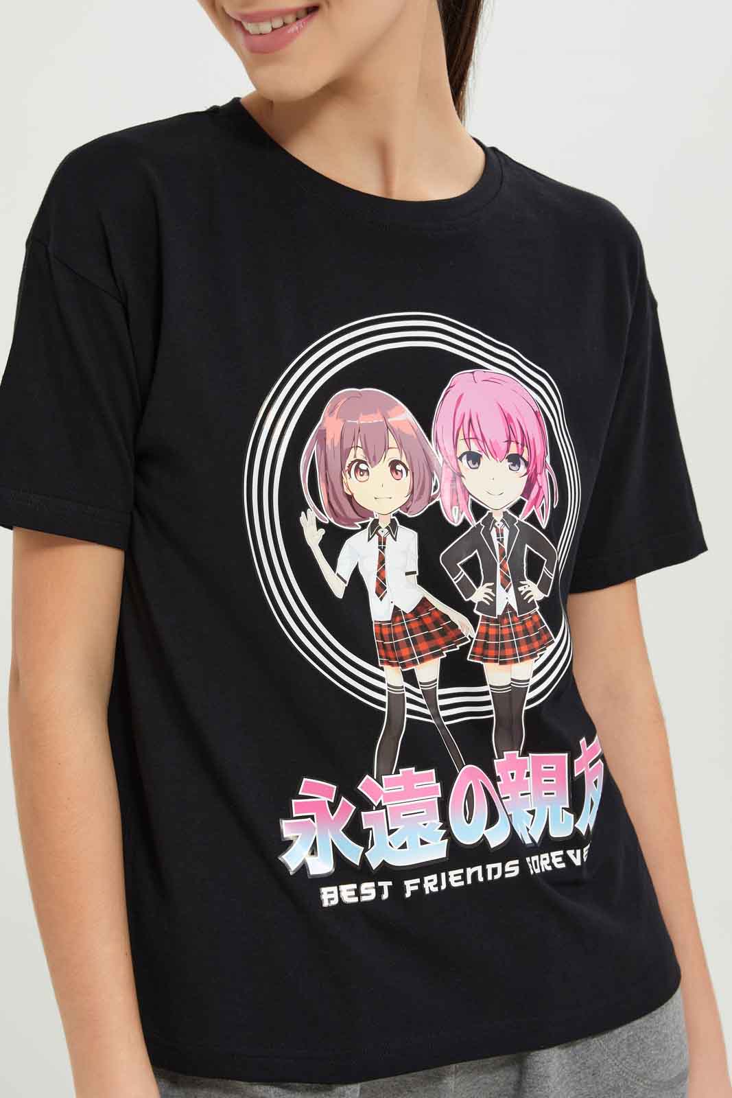 Redtag-Girls-Black-Girly-Print-T-Shirt-Category:T-Shirts,-Colour:Black,-Deals:New-In,-Filter:Senior-Girls-(8-to-14-Yrs),-GSR-T-Shirts,-New-In-GSR-APL,-Non-Sale,-S23B,-Section:Girls-(0-to-14Yrs),-TBL-Senior-Girls-9 to 14 Years