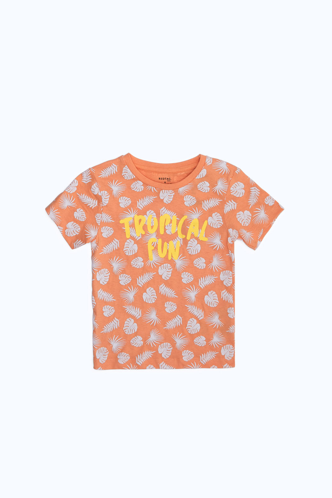Redtag-Boys-Orange-Aop-Tropical-Fun-Ss-T-Shirt-Category:T-Shirts,-Colour:Orange,-Deals:New-In,-Dept:Boys,-Filter:Infant-Boys-(3-to-24-Mths),-INB-T-Shirts,-New-In-INB-APL,-Non-Sale,-S23B,-Section:Boys-(0-to-14Yrs),-TBL-Infant-Boys-3 to 24 Months