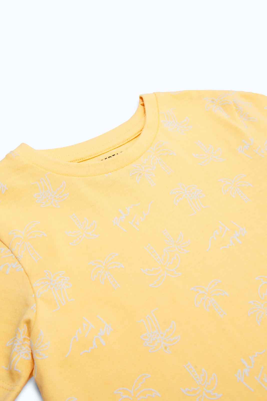 Redtag-Boys-Yellow-Aop-Palm-Ss-T-Shirt-Category:T-Shirts,-Colour:Yellow,-Deals:New-In,-Dept:Boys,-Filter:Infant-Boys-(3-to-24-Mths),-INB-T-Shirts,-New-In-INB-APL,-Non-Sale,-S23B,-Section:Boys-(0-to-14Yrs),-TBL-Infant-Boys-3 to 24 Months