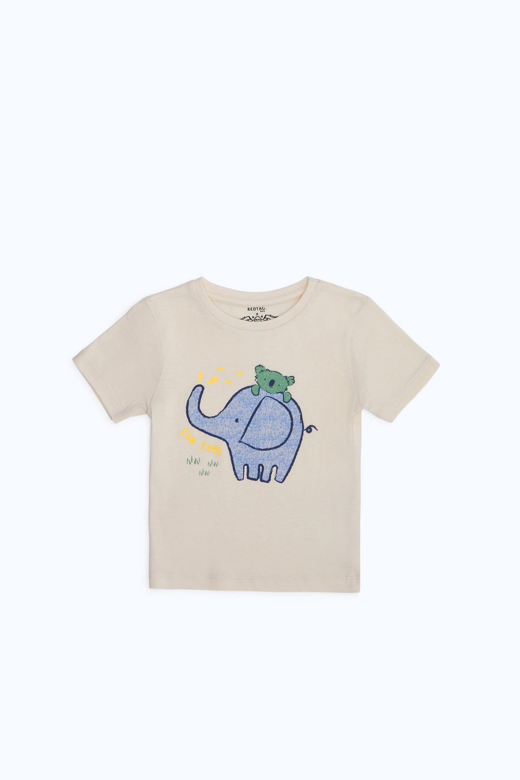 Redtag-Boys-Cream-Elephant-Front-Ss-Tee-Category:T-Shirts,-Colour:Cream,-Deals:New-In,-Dept:Boys,-Filter:Infant-Boys-(3-to-24-Mths),-INB-T-Shirts,-New-In-INB-APL,-Non-Sale,-S23B,-Section:Boys-(0-to-14Yrs),-TBL-Infant-Boys-3 to 24 Months