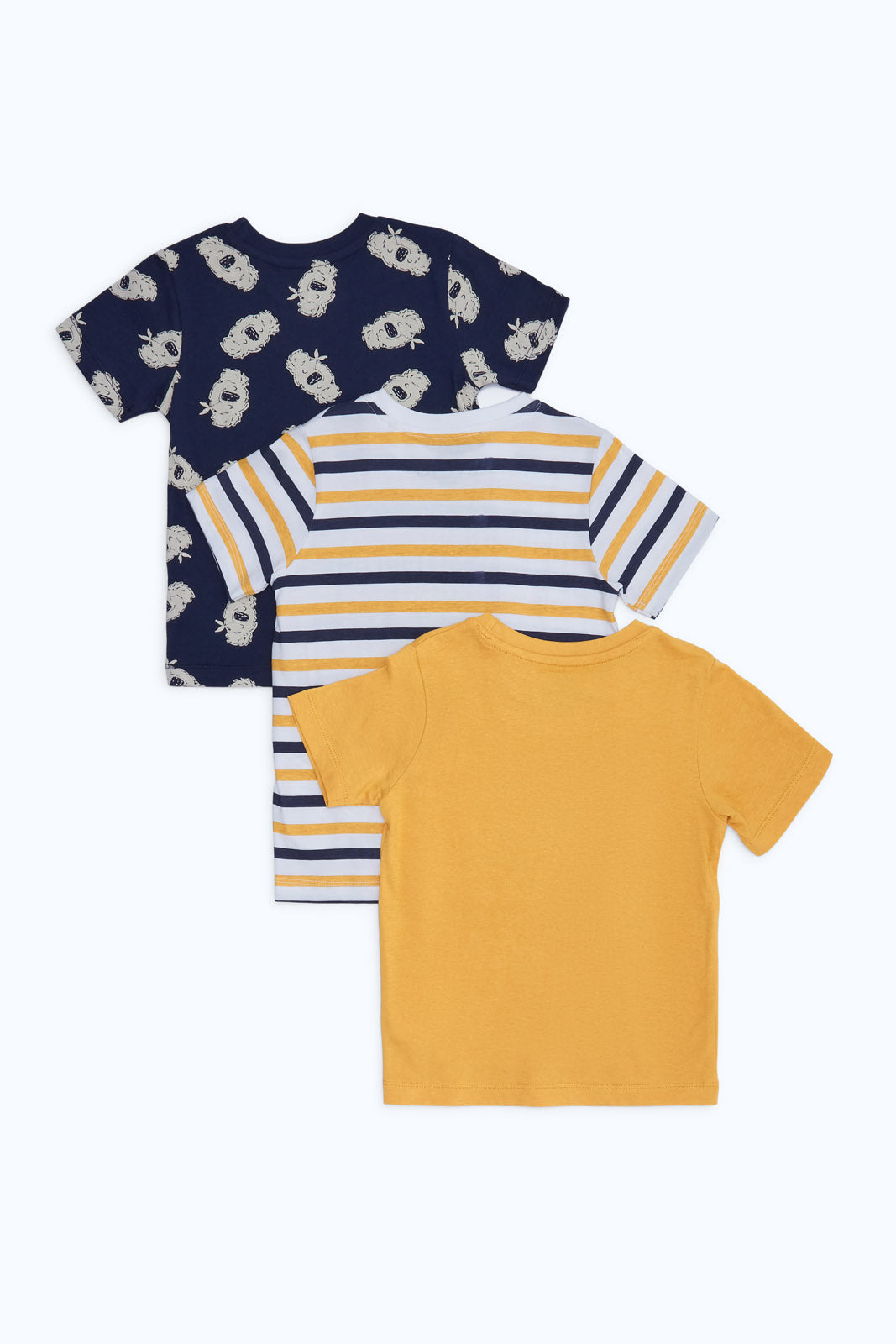 Redtag-Boys-Navy-And-Yellow-Solid/Stripe-And-Aop-Ss-3-Pack-Tee-Category:T-Shirts,-Colour:Navy,-Deals:New-In,-Dept:Boys,-Filter:Infant-Boys-(3-to-24-Mths),-H1:KWR,-H2:INB,-H3:TSH,-H4:TSH,-INB-T-Shirts,-New-In-INB-APL,-Non-Sale,-S23B,-Season:S23B,-Section:Boys-(0-to-14Yrs)-Infant-Boys-3 to 24 Months