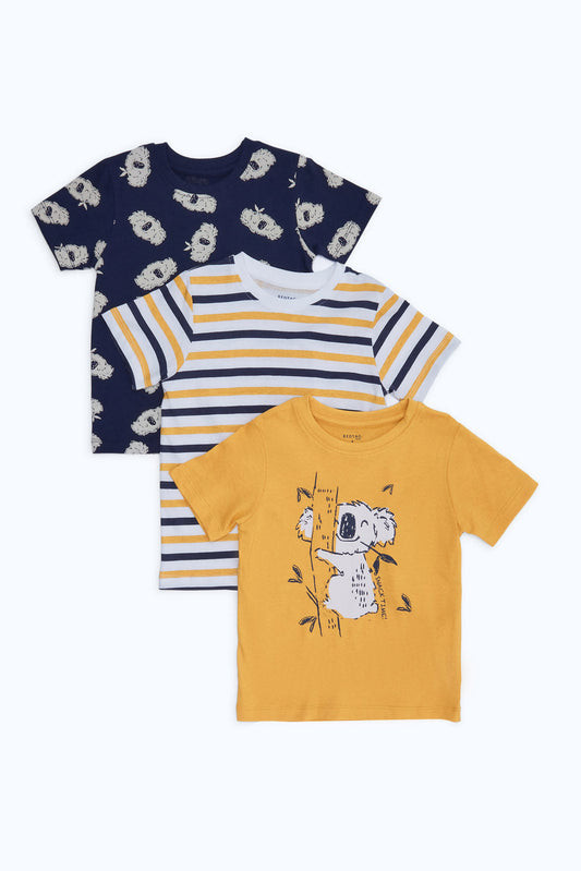 Redtag-Boys-Navy-And-Yellow-Solid/Stripe-And-Aop-Ss-3-Pack-Tee-Category:T-Shirts,-Colour:Navy,-Deals:New-In,-Dept:Boys,-Filter:Infant-Boys-(3-to-24-Mths),-H1:KWR,-H2:INB,-H3:TSH,-H4:TSH,-INB-T-Shirts,-New-In-INB-APL,-Non-Sale,-S23B,-Season:S23B,-Section:Boys-(0-to-14Yrs)-Infant-Boys-3 to 24 Months