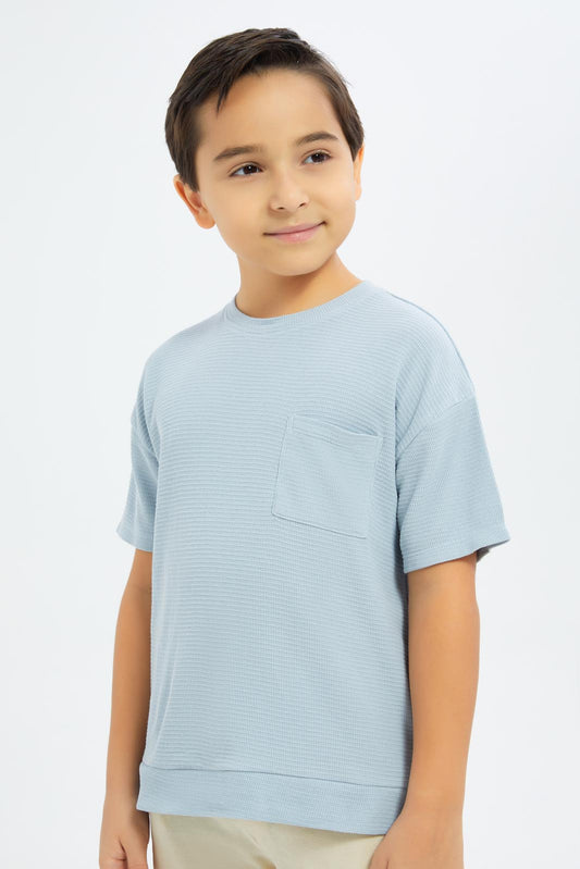 Redtag-Boys-Blue-Over-Size-Waffle-T-Shirt-BOY-T-Shirts,-Category:T-Shirts,-CHA,-Colour:Blue,-Deals:New-In,-Dept:Boys,-Filter:Boys-(2-to-8-Yrs),-New-In-BOY-APL,-Non-Sale,-S23C,-Section:Boys-(0-to-14Yrs)-Boys-2 to 8 Years