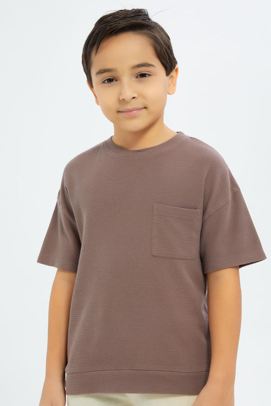 Redtag-Boys-Brown-Over-Size-Waffle-T-Shirt-BOY-T-Shirts,-Category:T-Shirts,-CHA,-Colour:Brown,-Deals:New-In,-Dept:Boys,-Filter:Boys-(2-to-8-Yrs),-New-In-BOY-APL,-Non-Sale,-S23C,-Section:Boys-(0-to-14Yrs)-Boys-2 to 8 Years