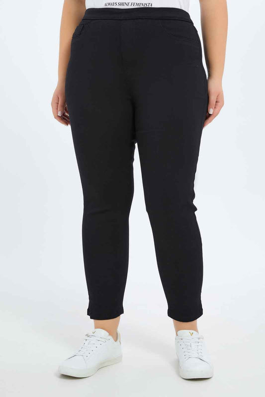 Redtag-Women-Black-Slit-Detailed-Jegging-Category:Jeggings,-Colour:Black,-Deals:New-In,-Dept:Ladieswear,-Filter:Plus-Size,-LDP-Jeggings,-New-In-LDP-APL,-Non-Sale,-S23B,-Section:Women,-TBL-Women's-