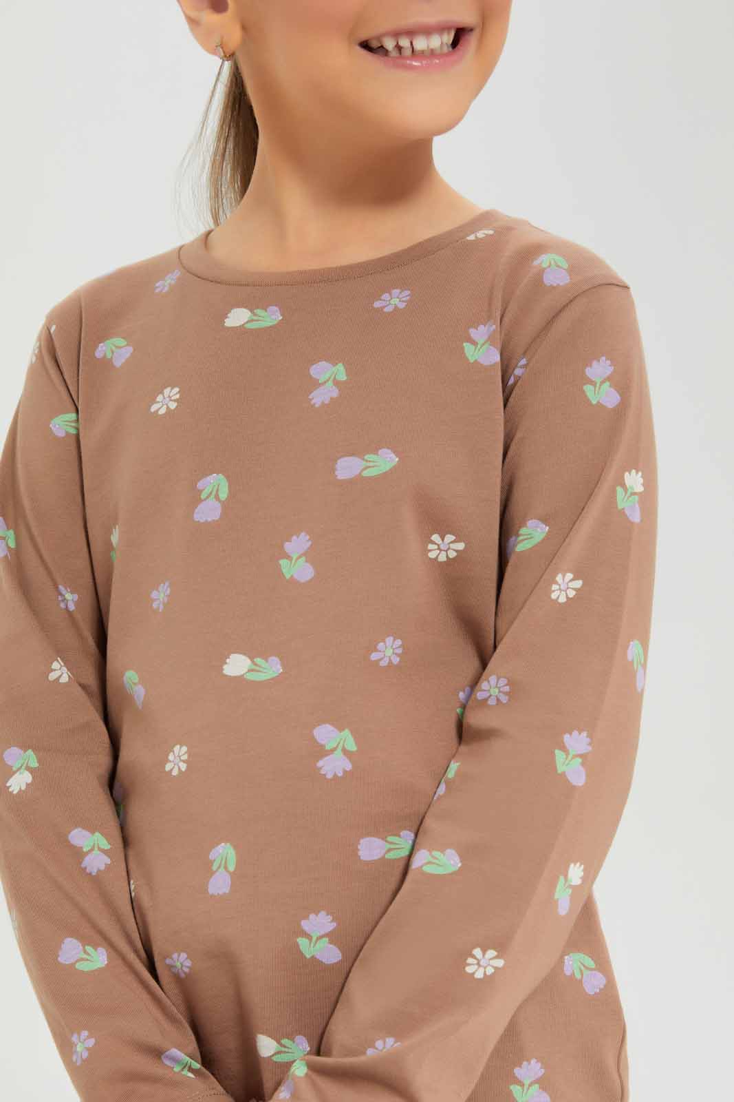 Redtag-Girls-Brown/Lilac-2-Pack-T-Shirt-Category:T-Shirts,-Colour:Assorted,-Deals:New-In,-Dept:Girls,-Filter:Girls-(2-to-8-Yrs),-GIR-T-Shirts,-New-In-GIR-APL,-Non-Sale,-S23A,-Section:Girls-(0-to-14Yrs),-VLM-Girls-2 to 8 Years