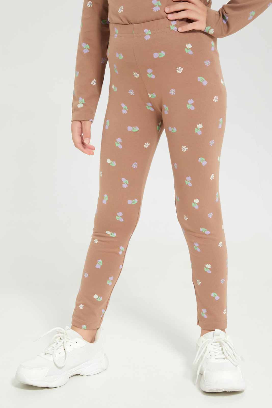 Redtag-Girls-Brown/Lilac-2-Pack-Leggings-Category:Leggings,-Colour:Assorted,-Deals:New-In,-Dept:Girls,-Filter:Girls-(2-to-8-Yrs),-GIR-Leggings,-New-In-GIR-APL,-Non-Sale,-S23A,-Section:Girls-(0-to-14Yrs),-VLM-Girls-2 to 8 Years