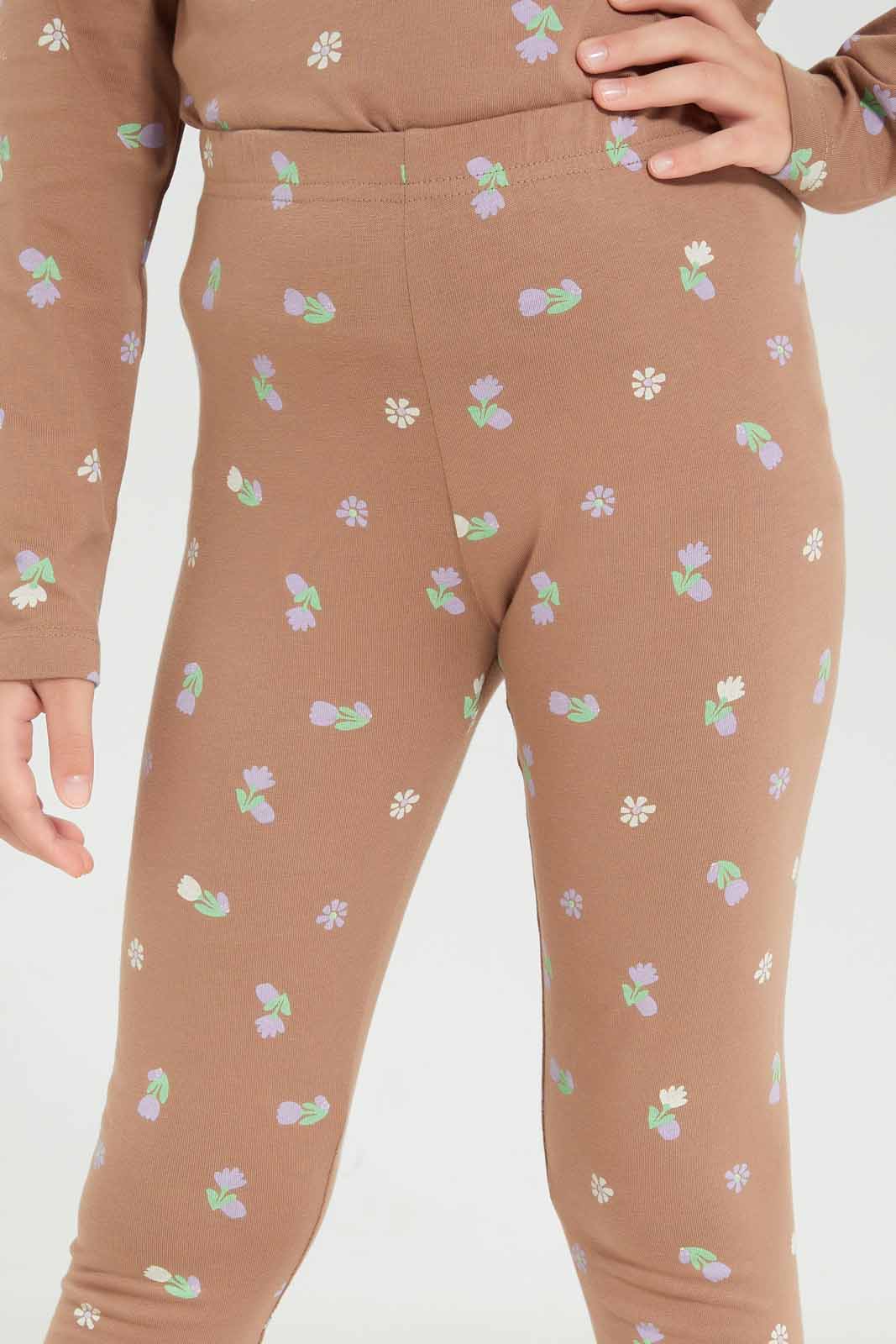 Redtag-Girls-Brown/Lilac-2-Pack-Leggings-Category:Leggings,-Colour:Assorted,-Deals:New-In,-Dept:Girls,-Filter:Girls-(2-to-8-Yrs),-GIR-Leggings,-New-In-GIR-APL,-Non-Sale,-S23A,-Section:Girls-(0-to-14Yrs),-VLM-Girls-2 to 8 Years