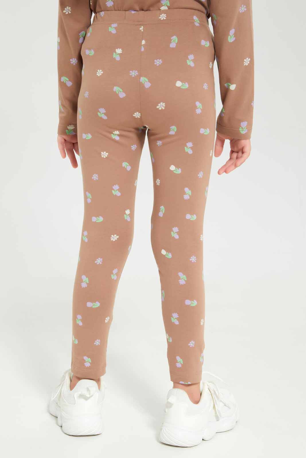 Redtag-Girls-Brown/Lilac-2-Pack-Leggings-Category:Leggings,-Colour:Assorted,-Deals:New-In,-Dept:Girls,-Filter:Girls-(2-to-8-Yrs),-GIR-Leggings,-New-In-GIR-APL,-Non-Sale,-S23A,-Section:Girls-(0-to-14Yrs),-VLM-Girls-2 to 8 Years