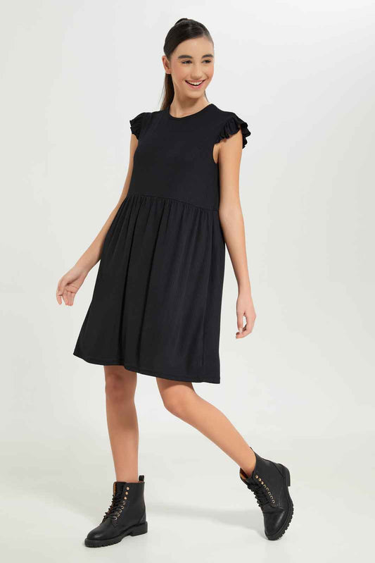 Redtag-Girls-Black-Ruffled-Sleeve-Rib-Dress-Category:Dresses,-Colour:Black,-Deals:New-In,-Dept:Girls,-Filter:Senior-Girls-(8-to-14-Yrs),-GSR-Dresses,-New-In-GSR-APL,-Non-Sale,-S23B,-Section:Girls-(0-to-14Yrs)-Senior-Girls-9 to 14 Years
