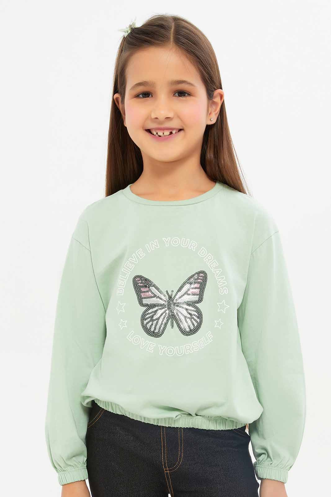 Redtag-Girls-Green-Butterfly-Sequence-Tee-Category:T-Shirts,-Colour:Green,-Deals:New-In,-Dept:Girls,-Filter:Girls-(2-to-8-Yrs),-GIR-T-Shirts,-New-In-GIR-APL,-Non-Sale,-S23A,-Section:Girls-(0-to-14Yrs)-Girls-2 to 8 Years