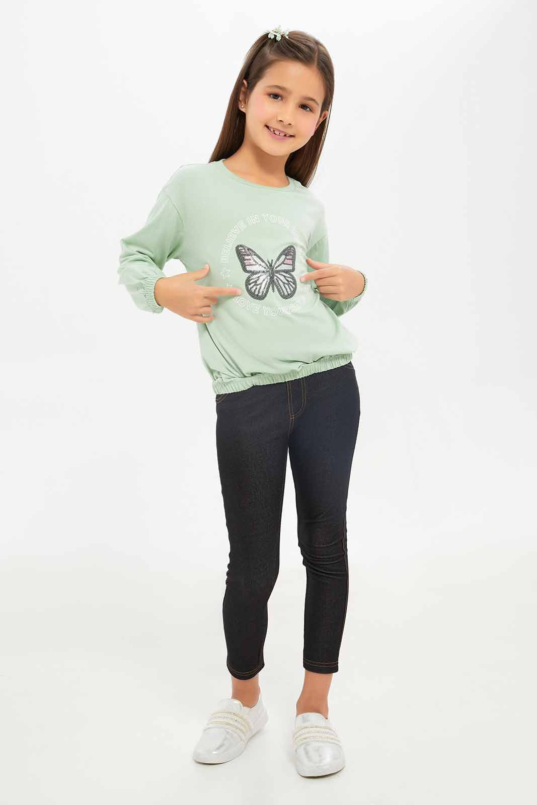 Redtag-Girls-Green-Butterfly-Sequence-Tee-Category:T-Shirts,-Colour:Green,-Deals:New-In,-Dept:Girls,-Filter:Girls-(2-to-8-Yrs),-GIR-T-Shirts,-New-In-GIR-APL,-Non-Sale,-S23A,-Section:Girls-(0-to-14Yrs)-Girls-2 to 8 Years