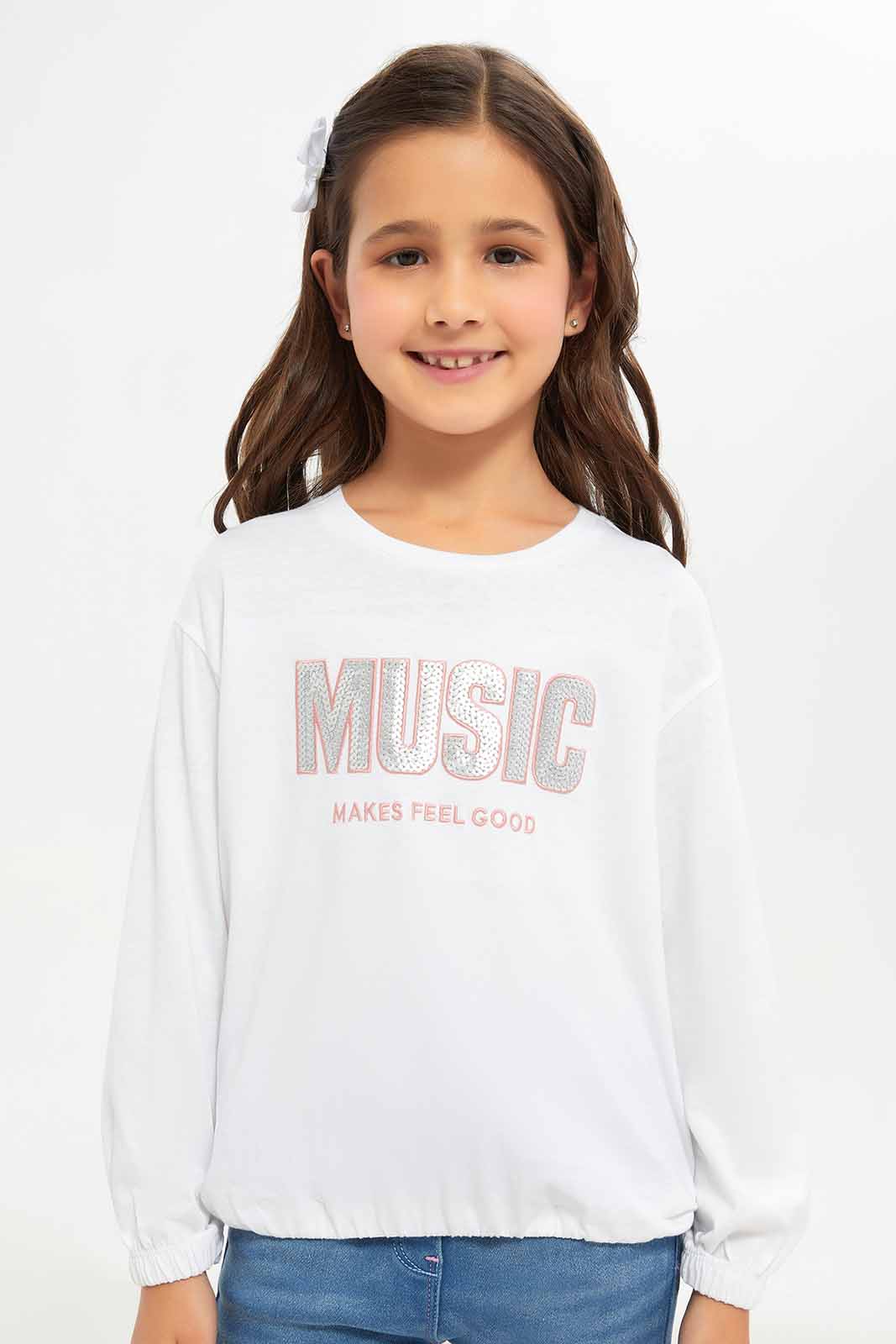 Redtag-Girls-White-Music-Sequence-Tee-Category:T-Shirts,-Colour:White,-Deals:New-In,-Dept:Girls,-Filter:Girls-(2-to-8-Yrs),-GIR-T-Shirts,-New-In-GIR-APL,-Non-Sale,-S23A,-Section:Girls-(0-to-14Yrs)-Girls-2 to 8 Years