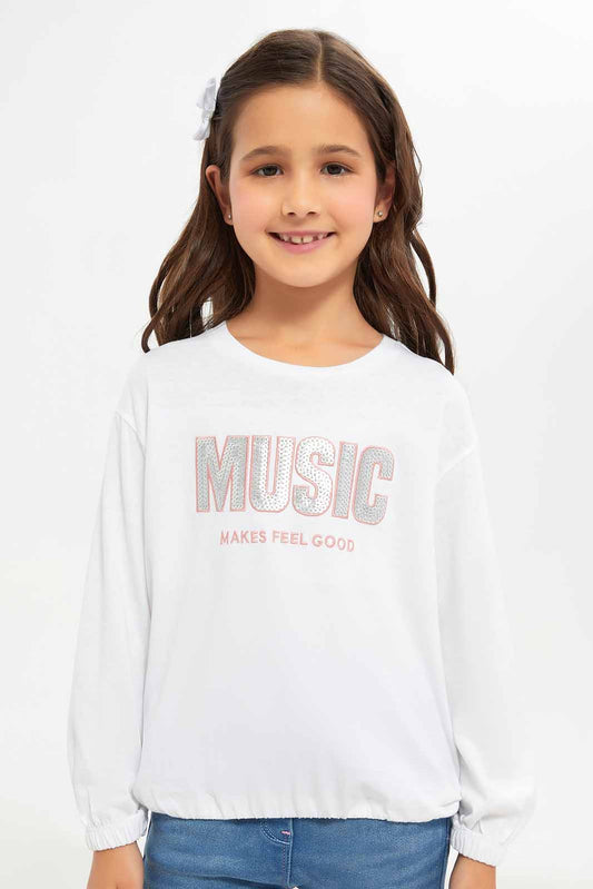 Redtag-Girls-White-Music-Sequence-Tee-Category:T-Shirts,-Colour:White,-Deals:New-In,-Dept:Girls,-Filter:Girls-(2-to-8-Yrs),-GIR-T-Shirts,-New-In-GIR-APL,-Non-Sale,-S23A,-Section:Girls-(0-to-14Yrs)-Girls-2 to 8 Years