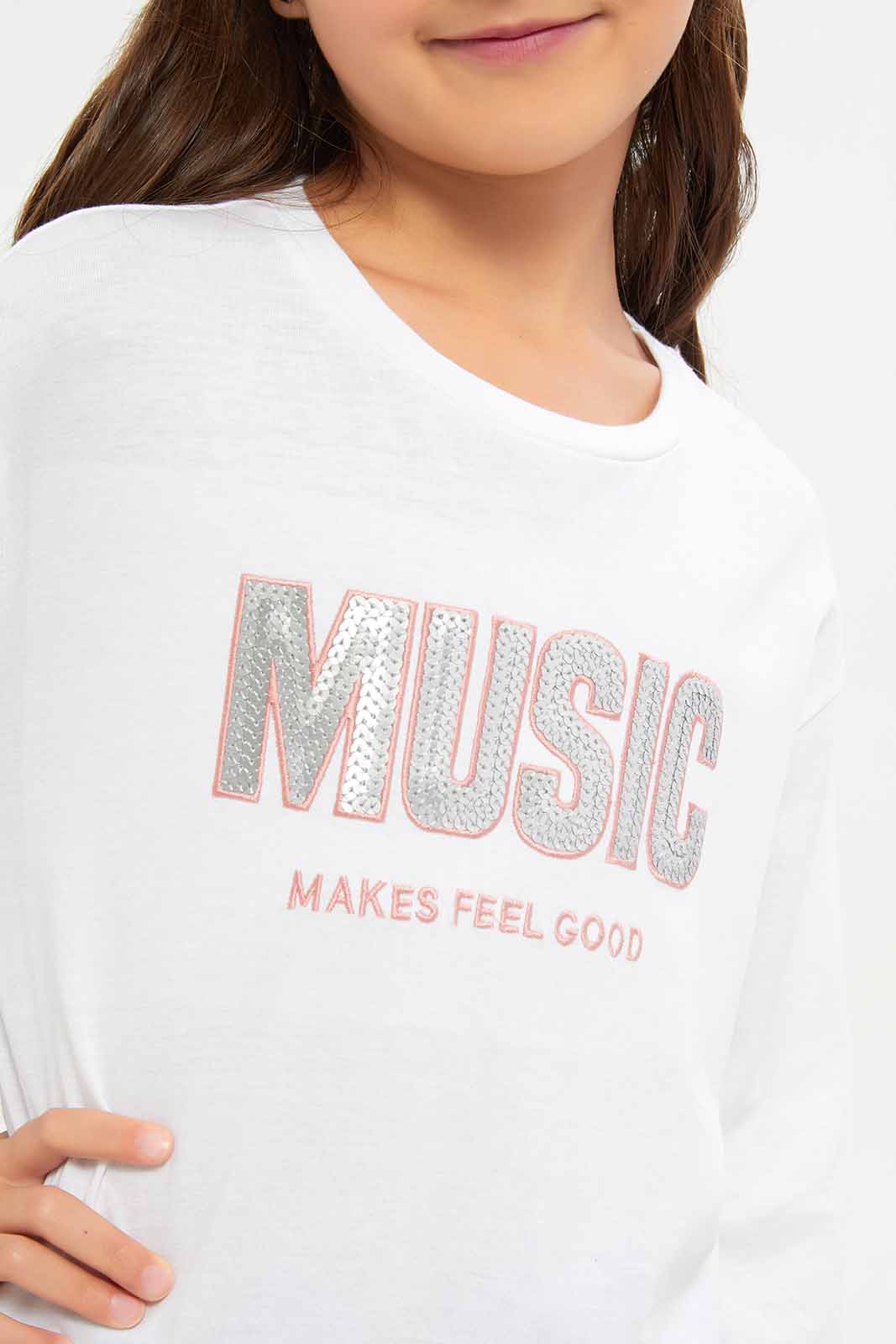 Redtag-Girls-White-Music-Sequence-Tee-Category:T-Shirts,-Colour:White,-Deals:New-In,-Dept:Girls,-Filter:Girls-(2-to-8-Yrs),-GIR-T-Shirts,-New-In-GIR-APL,-Non-Sale,-S23A,-Section:Girls-(0-to-14Yrs)-Girls-2 to 8 Years