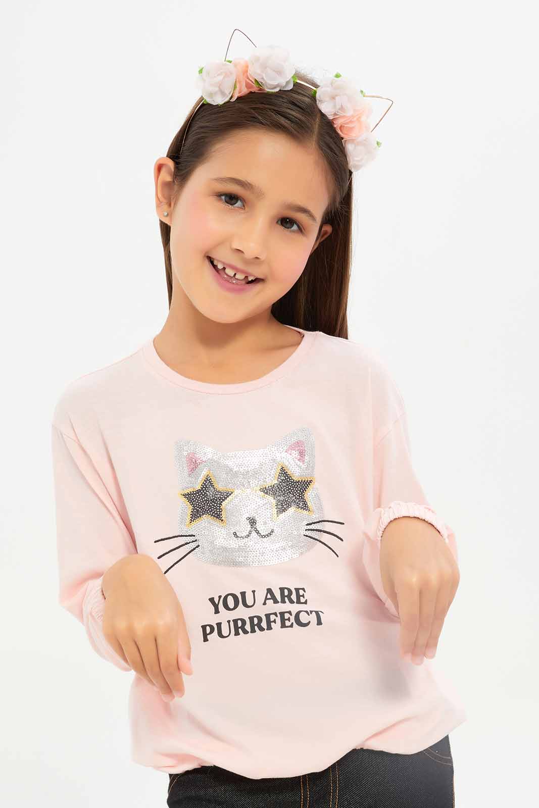 Redtag-Girls-Beige-Cat-Sequence-Tee-Category:T-Shirts,-Colour:Beige,-Deals:New-In,-Dept:Girls,-Filter:Girls-(2-to-8-Yrs),-GIR-T-Shirts,-New-In-GIR-APL,-Non-Sale,-S23A,-Section:Girls-(0-to-14Yrs)-Girls-2 to 8 Years