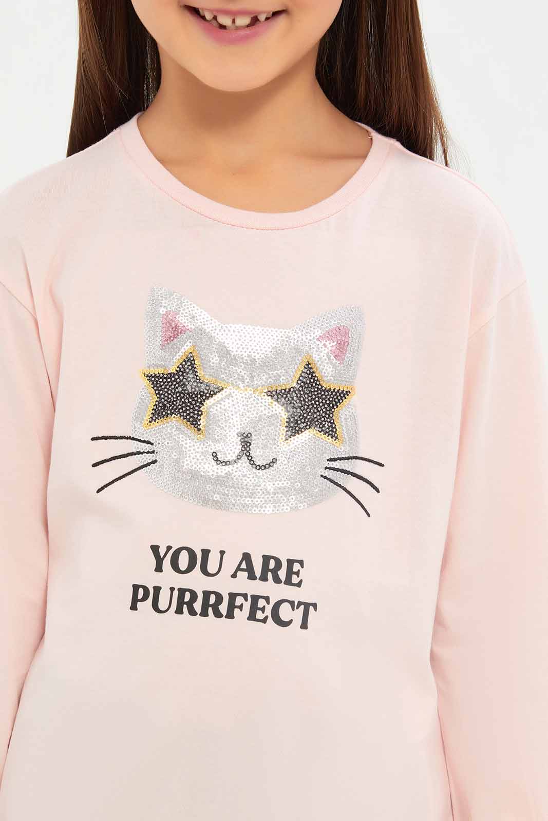 Redtag-Girls-Beige-Cat-Sequence-Tee-Category:T-Shirts,-Colour:Beige,-Deals:New-In,-Dept:Girls,-Filter:Girls-(2-to-8-Yrs),-GIR-T-Shirts,-New-In-GIR-APL,-Non-Sale,-S23A,-Section:Girls-(0-to-14Yrs)-Girls-2 to 8 Years