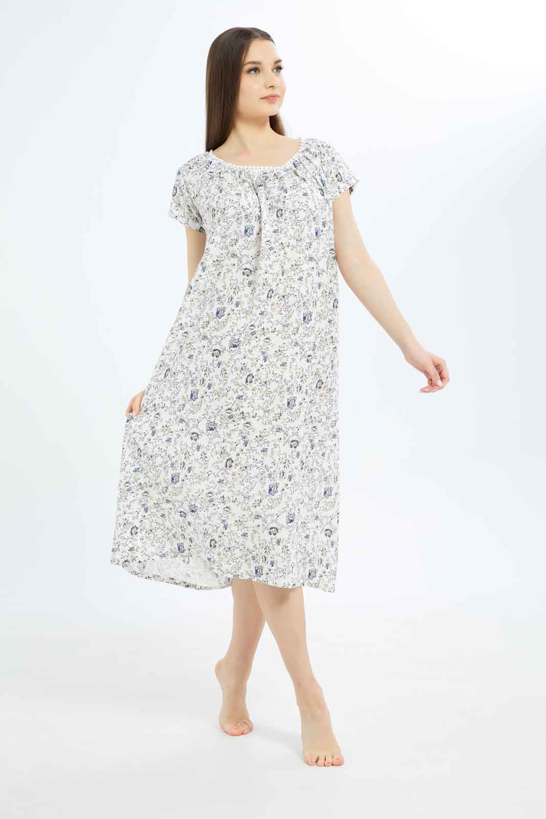 Redtag-Women-White-Aop-Short-Sleeves-Nightgown-Category:Nightgowns,-Colour:White,-Deals:New-In,-Dept:Ladieswear,-Filter:Women's-Clothing,-New-In-Women-APL,-Non-Sale,-S23B,-Section:Women,-Women-Nightgowns--