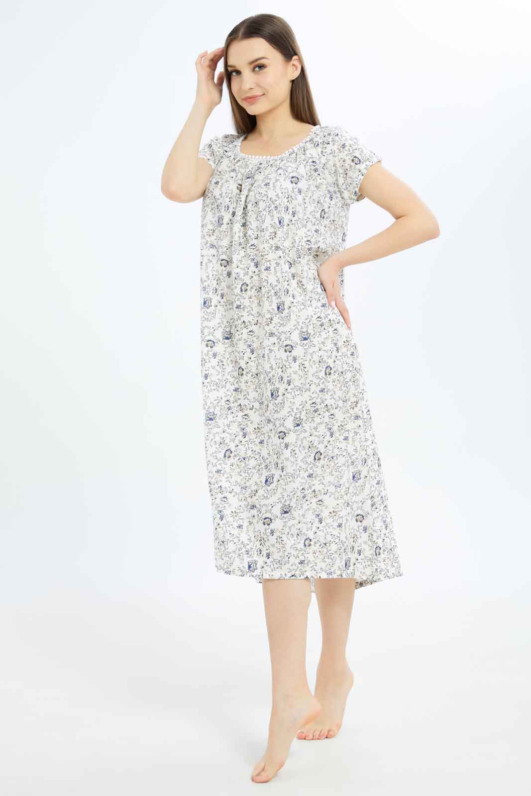 Redtag-Women-White-Aop-Short-Sleeves-Nightgown-Category:Nightgowns,-Colour:White,-Deals:New-In,-Dept:Ladieswear,-Filter:Women's-Clothing,-New-In-Women-APL,-Non-Sale,-S23B,-Section:Women,-Women-Nightgowns--
