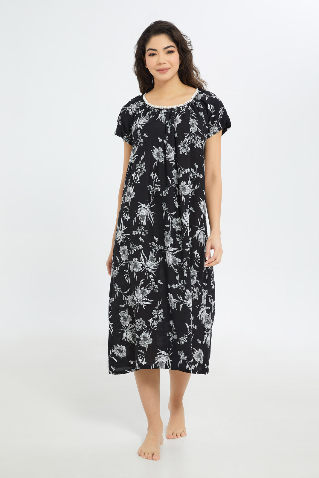 Redtag-Women-Black-Aop-Short-Sleeves-Nightgown-Category:Nightgowns,-Colour:Black,-Deals:New-In,-Dept:Ladieswear,-Filter:Women's-Clothing,-H1:LWR,-H2:LDN,-H3:NWR,-H4:NGN,-New-In-Women-APL,-Non-Sale,-S23B,-Season:S23B,-Section:Women,-Women-Nightgowns--