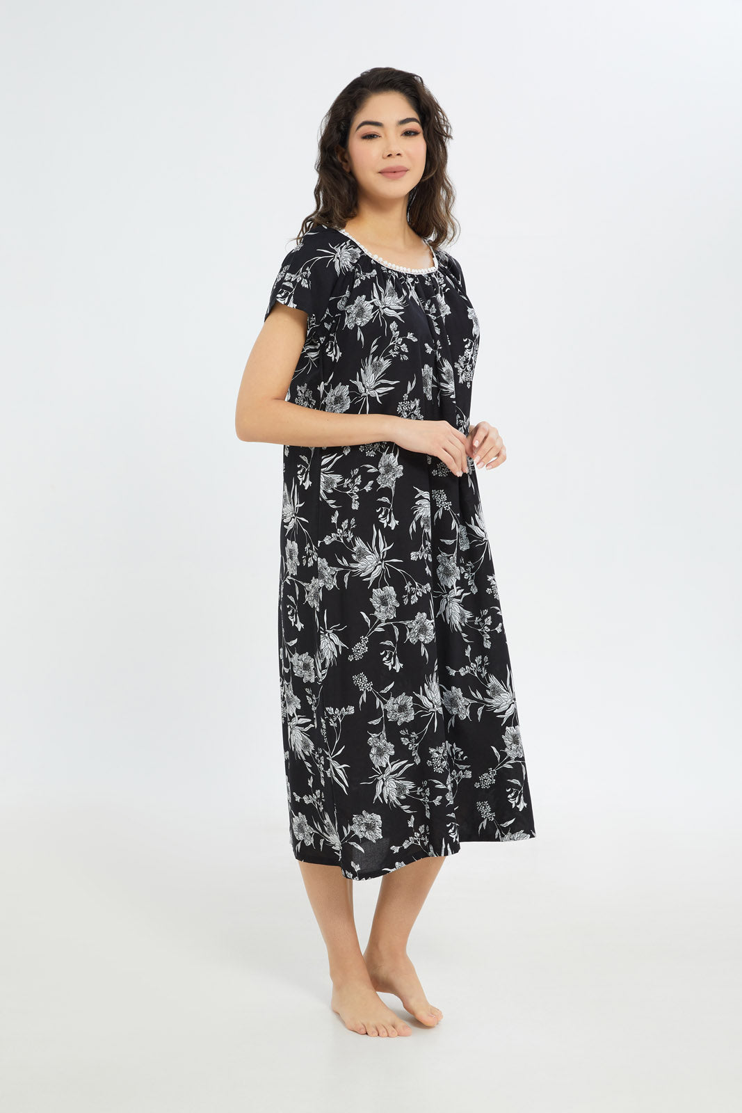 Redtag-Women-Black-Aop-Short-Sleeves-Nightgown-Category:Nightgowns,-Colour:Black,-Deals:New-In,-Dept:Ladieswear,-Filter:Women's-Clothing,-H1:LWR,-H2:LDN,-H3:NWR,-H4:NGN,-New-In-Women-APL,-Non-Sale,-S23B,-Season:S23B,-Section:Women,-Women-Nightgowns--