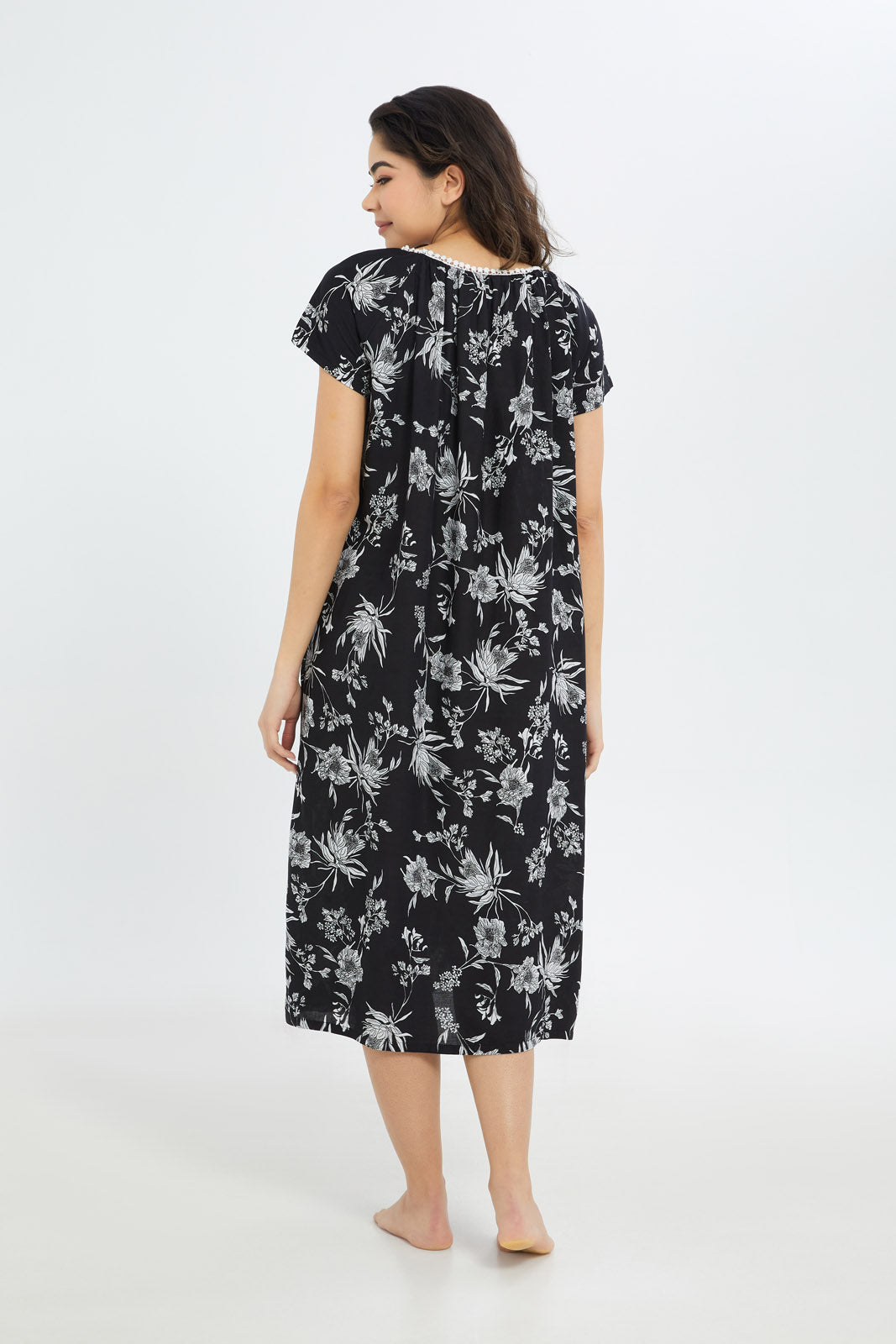 Redtag-Women-Black-Aop-Short-Sleeves-Nightgown-Category:Nightgowns,-Colour:Black,-Deals:New-In,-Dept:Ladieswear,-Filter:Women's-Clothing,-H1:LWR,-H2:LDN,-H3:NWR,-H4:NGN,-New-In-Women-APL,-Non-Sale,-S23B,-Season:S23B,-Section:Women,-Women-Nightgowns--