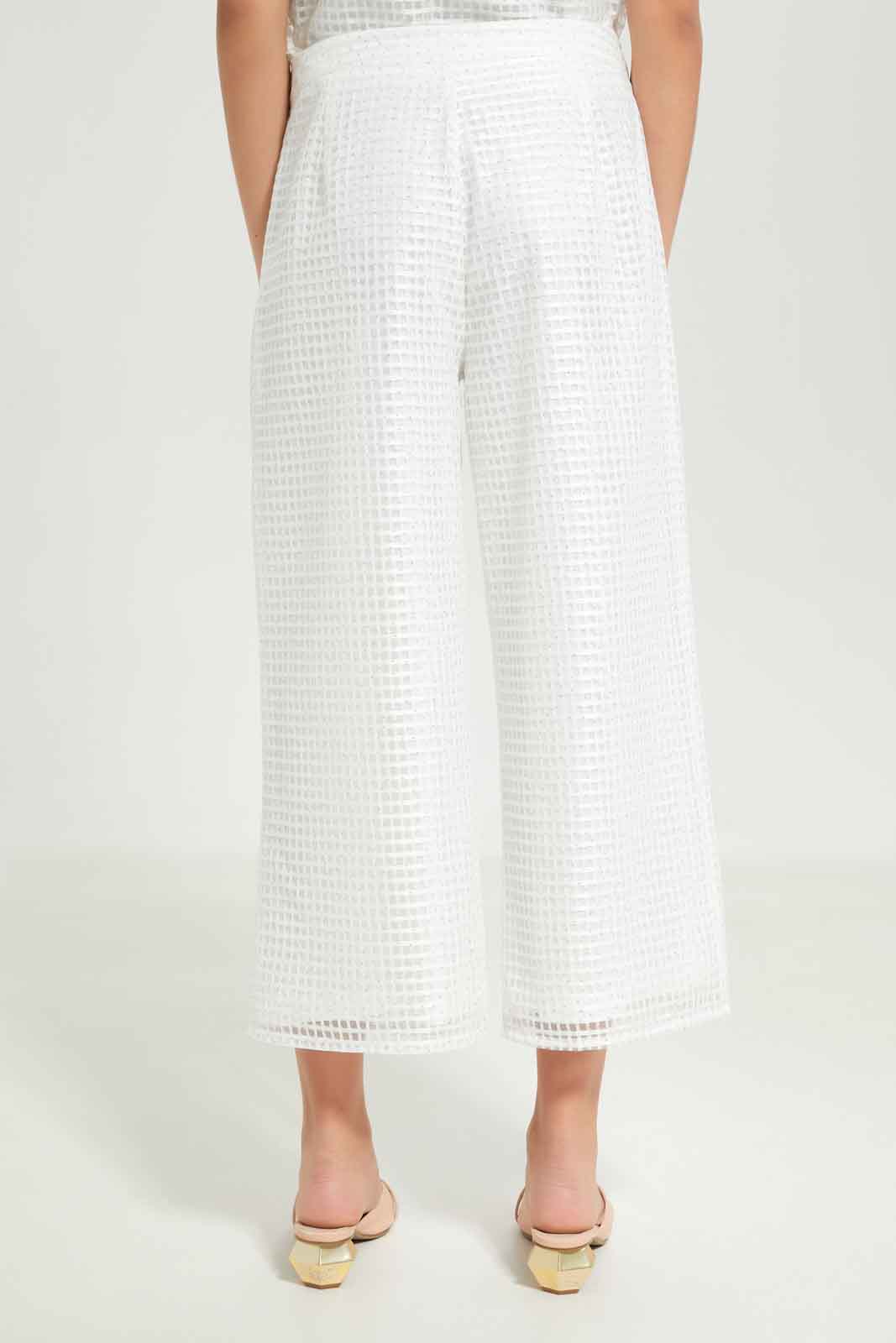 Redtag-Girls-White-Mesh-Culottes-Category:Trousers,-Colour:White,-Deals:New-In,-Dept:Girls,-EXE,-Filter:Senior-Girls-(8-to-14-Yrs),-GSR-Trousers,-New-In-GSR-APL,-Non-Sale,-S23B,-Section:Girls-(0-to-14Yrs)-Senior-Girls-9 to 14 Years