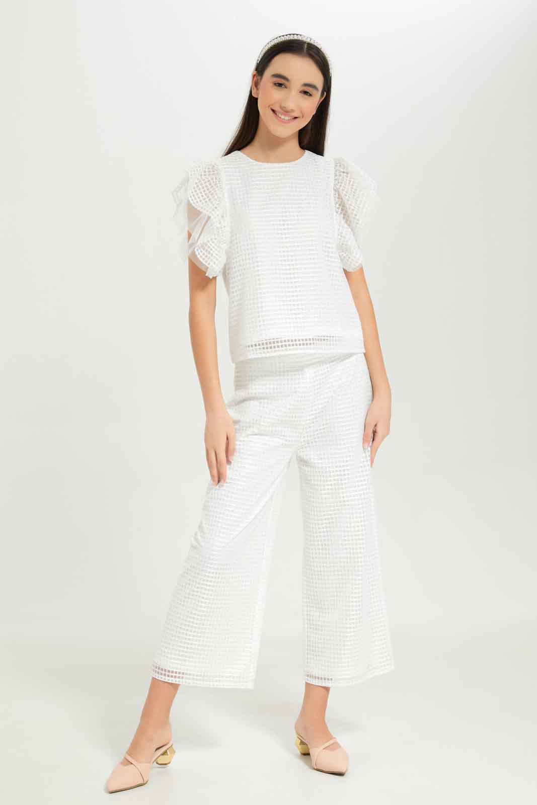 Redtag-Girls-White-Mesh-Culottes-Category:Trousers,-Colour:White,-Deals:New-In,-Dept:Girls,-EXE,-Filter:Senior-Girls-(8-to-14-Yrs),-GSR-Trousers,-New-In-GSR-APL,-Non-Sale,-S23B,-Section:Girls-(0-to-14Yrs)-Senior-Girls-9 to 14 Years