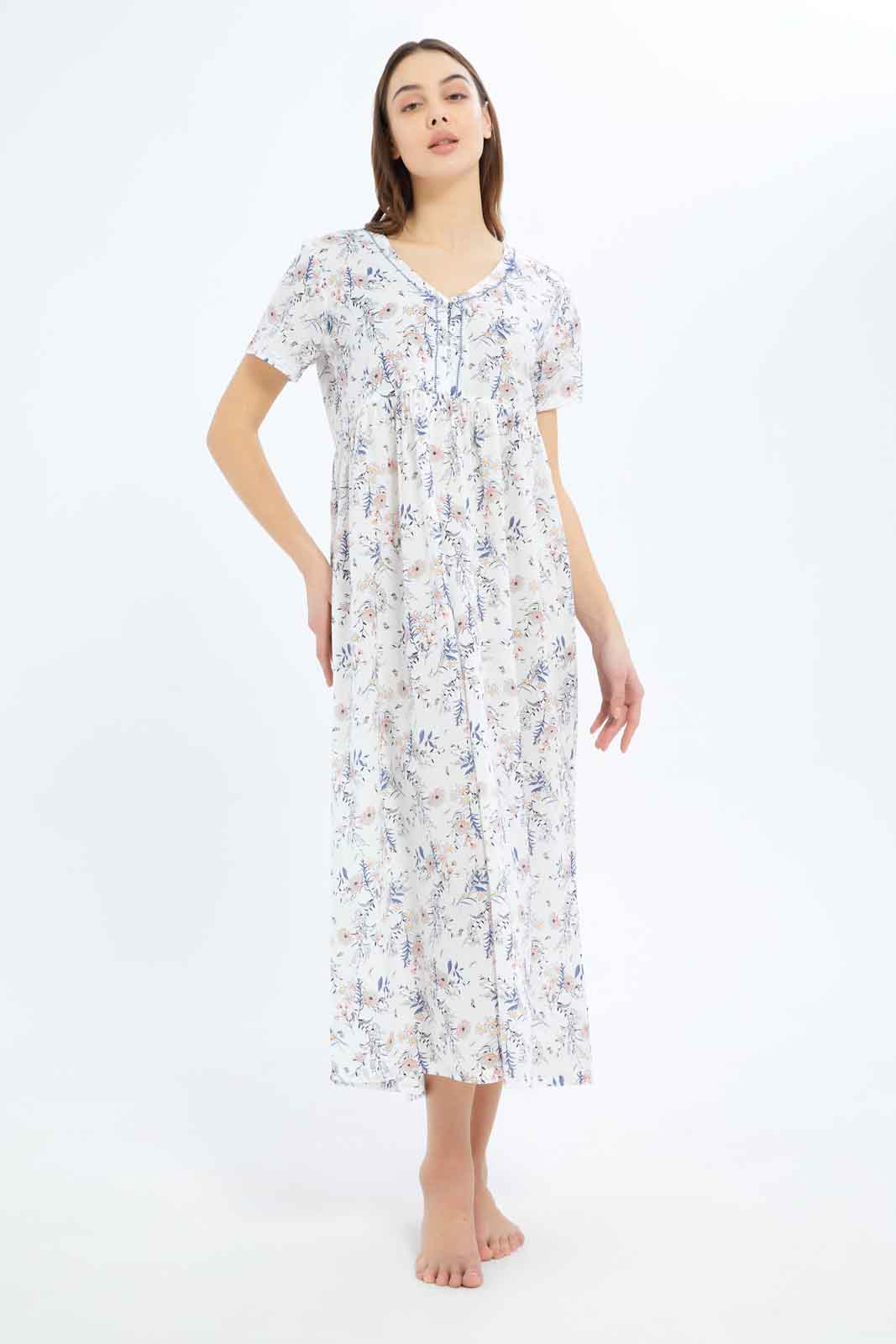 Redtag-Women-White-Aop-Short-Sleeves-Nightgown-Category:Nightgowns,-Colour:White,-Deals:New-In,-Dept:Ladieswear,-Filter:Women's-Clothing,-New-In-Women-APL,-Non-Sale,-S23B,-Section:Women,-Women-Nightgowns--