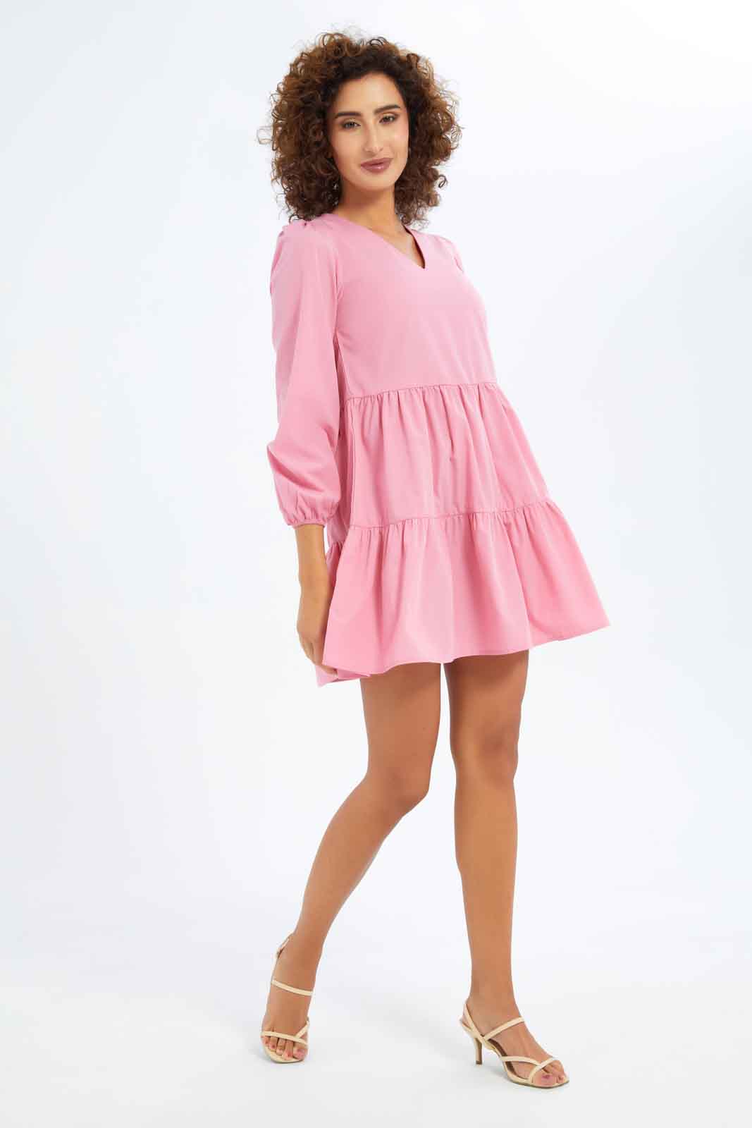 Redtag-Women-V-Neck-Poplin-Dress-Category:Dresses,-Colour:Apricot,-Deals:New-In,-Dept:Ladieswear,-Filter:Women's-Clothing,-New-In-Women-APL,-Non-Sale,-S23B,-Section:Women,-Women-Dresses-Women's-