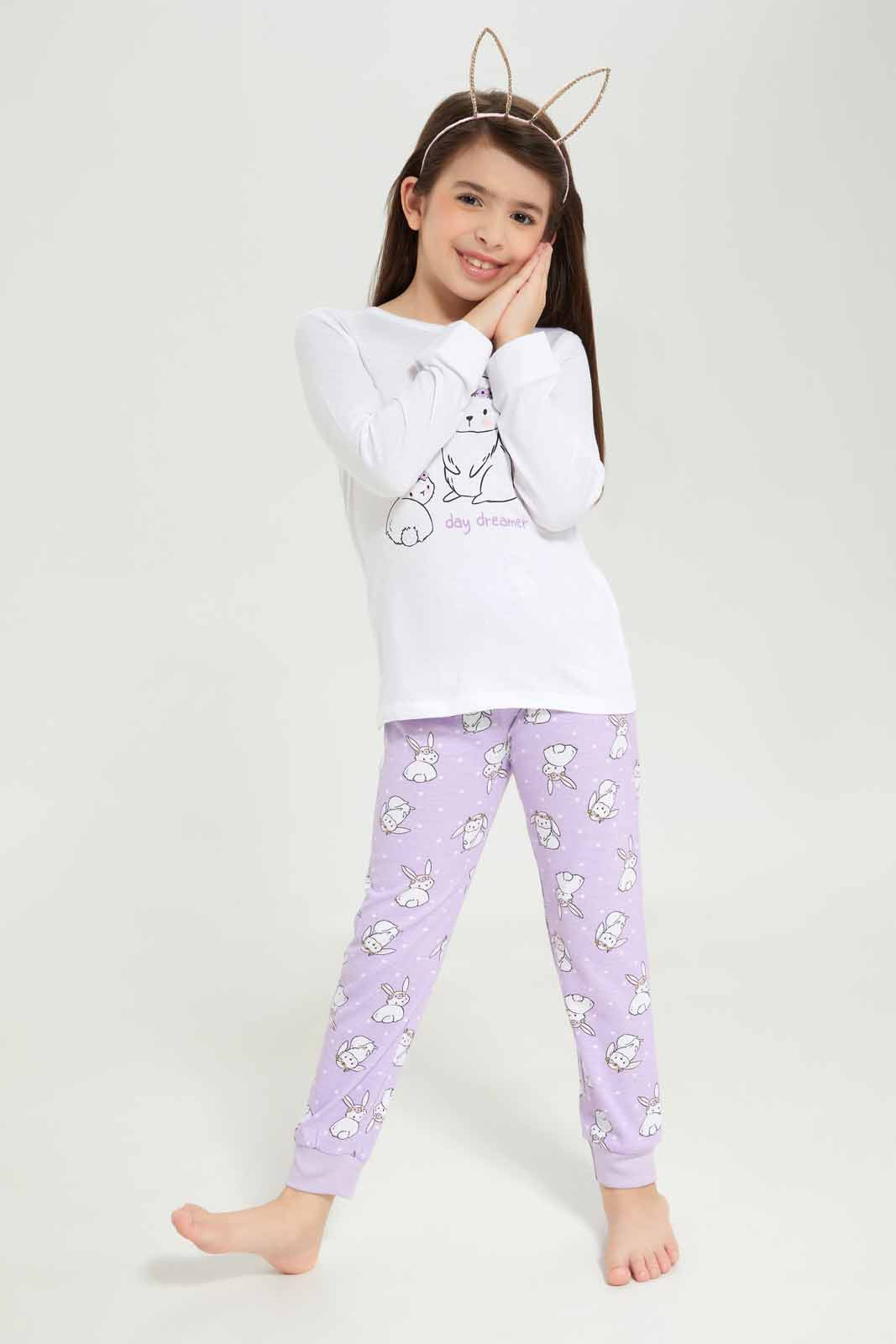 Redtag-Girls-White-Bunny-Print-Pj-Set-Category:Pyjama-Sets,-Colour:White,-Deals:New-In,-Dept:Girls,-Filter:Girls-(2-to-8-Yrs),-GIR-Pyjama-Sets,-New-In-GIR-APL,-Non-Sale,-S23A,-Section:Girls-(0-to-14Yrs)-Girls-