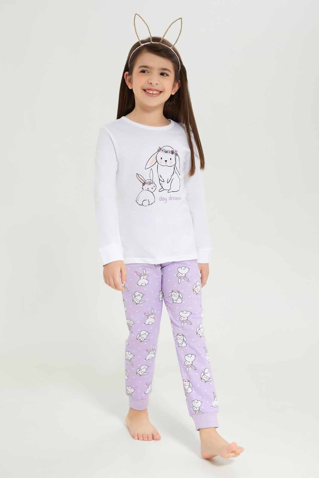 Redtag-Girls-White-Bunny-Print-Pj-Set-Category:Pyjama-Sets,-Colour:White,-Deals:New-In,-Dept:Girls,-Filter:Girls-(2-to-8-Yrs),-GIR-Pyjama-Sets,-New-In-GIR-APL,-Non-Sale,-S23A,-Section:Girls-(0-to-14Yrs)-Girls-