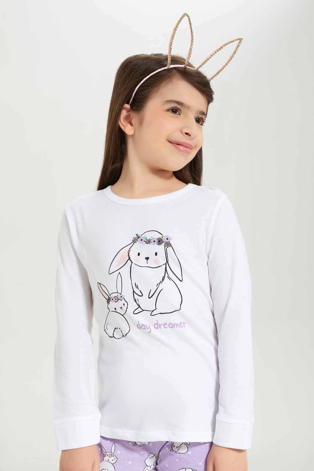 Redtag-Girls-White-Bunny-Print-Pj-Set-Category:Pyjama-Sets,-Colour:White,-Deals:New-In,-Dept:Girls,-Filter:Girls-(2-to-8-Yrs),-GIR-Pyjama-Sets,-New-In-GIR-APL,-Non-Sale,-S23A,-Section:Girls-(0-to-14Yrs)-Girls-