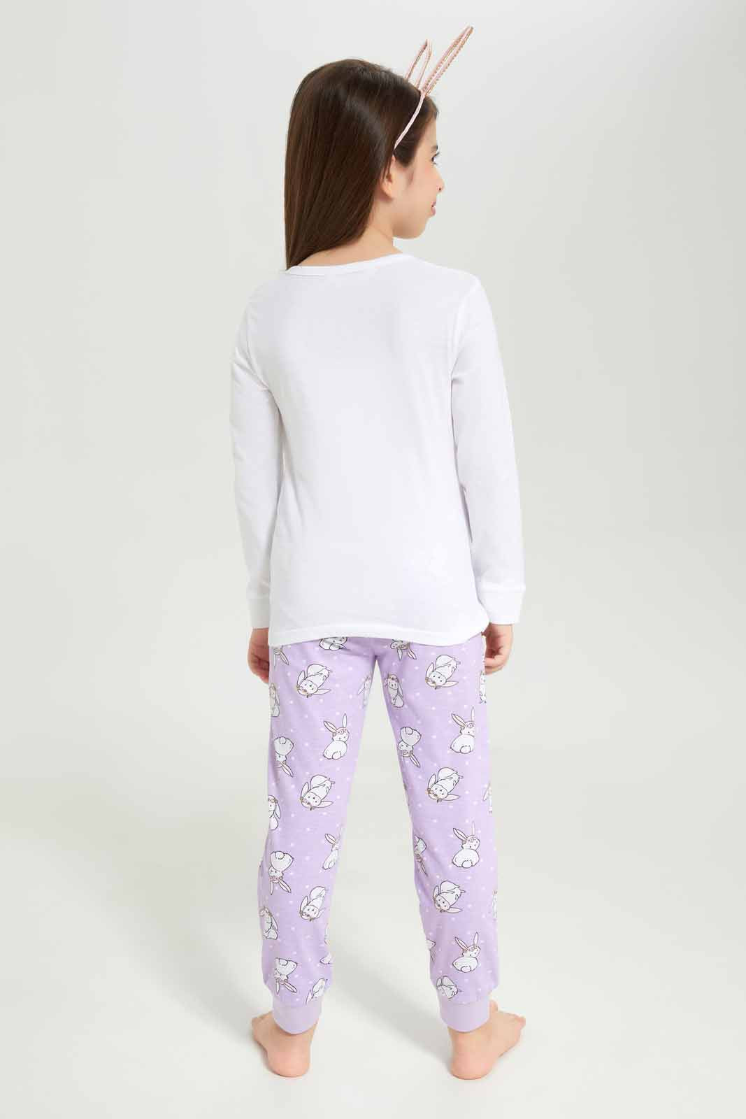 Redtag-Girls-White-Bunny-Print-Pj-Set-Category:Pyjama-Sets,-Colour:White,-Deals:New-In,-Dept:Girls,-Filter:Girls-(2-to-8-Yrs),-GIR-Pyjama-Sets,-New-In-GIR-APL,-Non-Sale,-S23A,-Section:Girls-(0-to-14Yrs)-Girls-