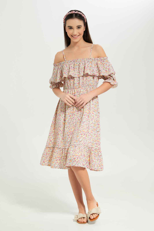 Redtag-Girls-Pink-Ditsy-Print-Off-Shoulder-Dress-Category:Dresses,-Colour:Assorted,-Deals:New-In,-Dept:Girls,-Filter:Senior-Girls-(8-to-14-Yrs),-GSR-Dresses,-New-In-GSR-APL,-Non-Sale,-S23B,-Section:Girls-(0-to-14Yrs)-Senior-Girls-9 to 14 Years