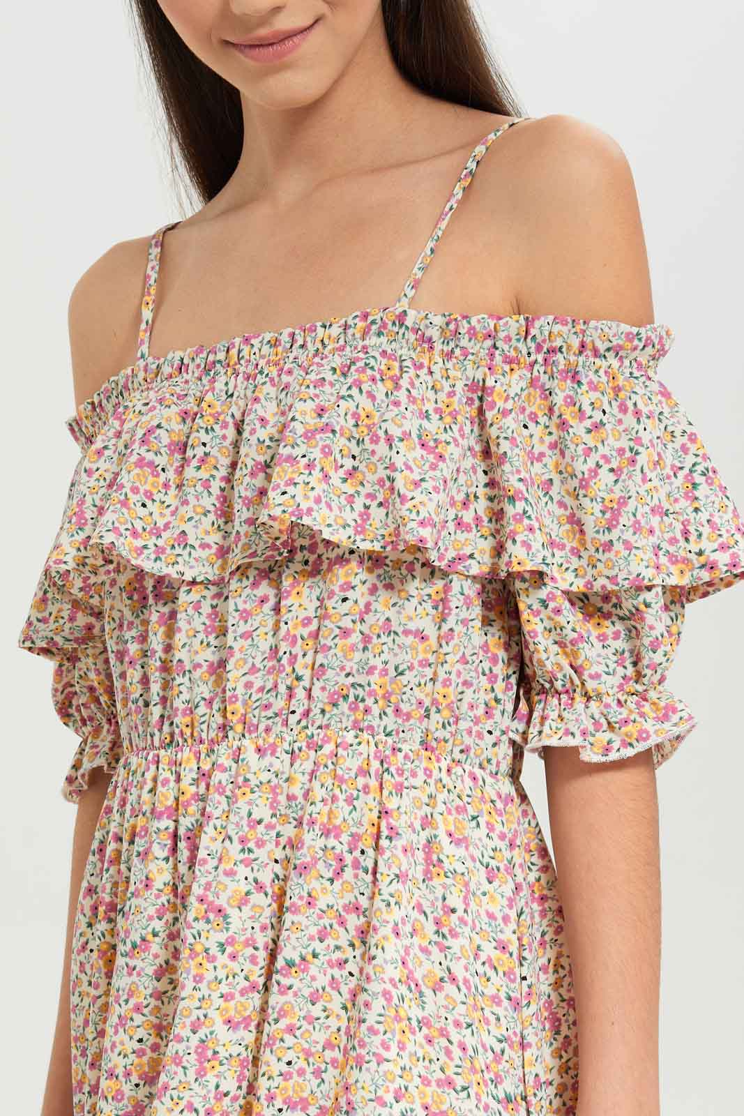 Redtag-Girls-Pink-Ditsy-Print-Off-Shoulder-Dress-Category:Dresses,-Colour:Assorted,-Deals:New-In,-Dept:Girls,-Filter:Senior-Girls-(8-to-14-Yrs),-GSR-Dresses,-New-In-GSR-APL,-Non-Sale,-S23B,-Section:Girls-(0-to-14Yrs)-Senior-Girls-9 to 14 Years