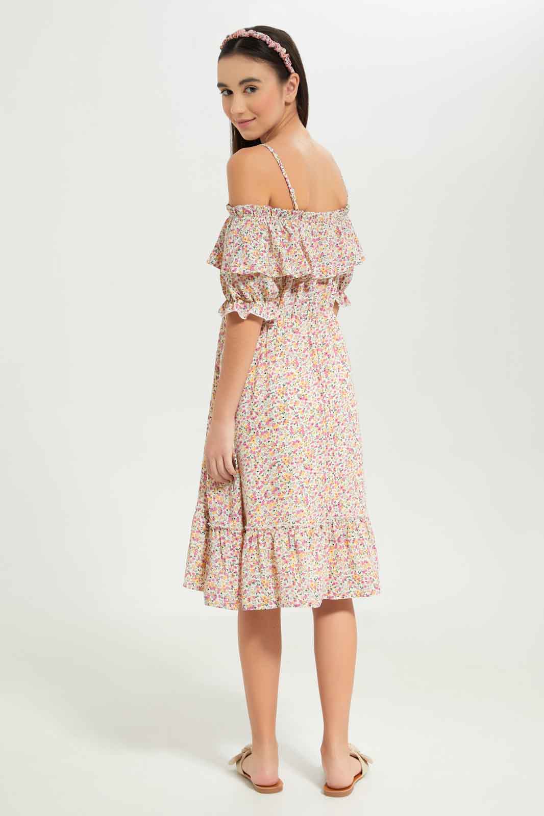 Redtag-Girls-Pink-Ditsy-Print-Off-Shoulder-Dress-Category:Dresses,-Colour:Assorted,-Deals:New-In,-Dept:Girls,-Filter:Senior-Girls-(8-to-14-Yrs),-GSR-Dresses,-New-In-GSR-APL,-Non-Sale,-S23B,-Section:Girls-(0-to-14Yrs)-Senior-Girls-9 to 14 Years