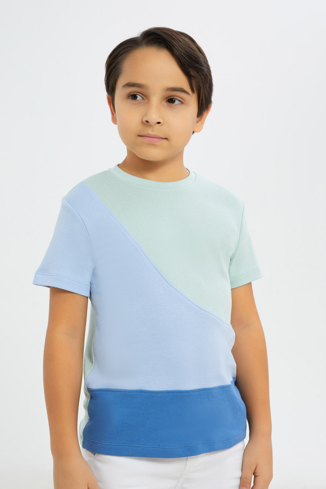 Redtag-Boys-Blue-Cut-And-Sew-Short-Sleeve-T-Shirt-BOY-T-Shirts,-Category:T-Shirts,-CHA,-Colour:Blue,-Deals:New-In,-Dept:Boys,-Filter:Boys-(2-to-8-Yrs),-H1:KWR,-H2:BOY,-H3:TSH,-H4:TSH,-New-In-BOY-APL,-Non-Sale,-RMD,-S23B,-Season:S23D,-Section:Boys-(0-to-14Yrs)-Boys-2 to 8 Years