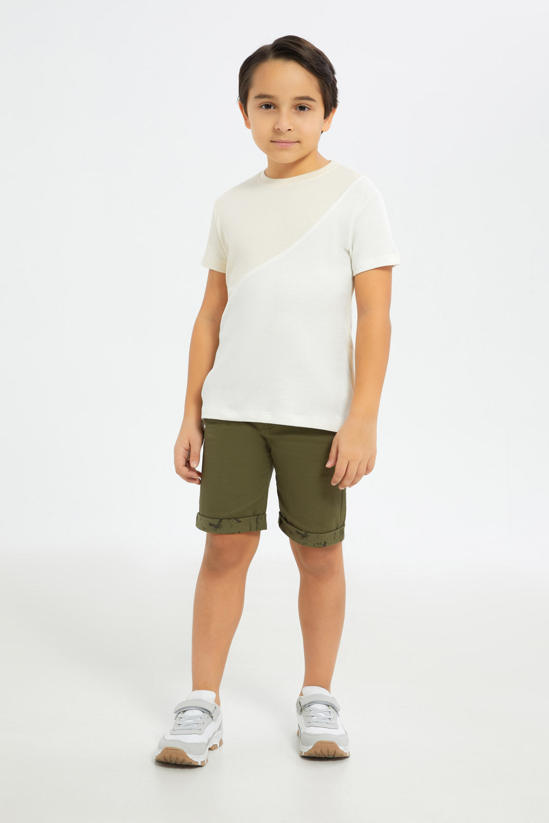 Redtag-Boys-Beige-Cut-And-Sew-Short-Sleeve-T-Shirt-BOY-T-Shirts,-Category:T-Shirts,-CHA,-Colour:Beige,-Deals:New-In,-Dept:Boys,-Filter:Boys-(2-to-8-Yrs),-H1:KWR,-H2:BOY,-H3:TSH,-H4:TSH,-New-In-BOY-APL,-Non-Sale,-RMD,-S23B,-Season:S23D,-Section:Boys-(0-to-14Yrs)-Boys-2 to 8 Years