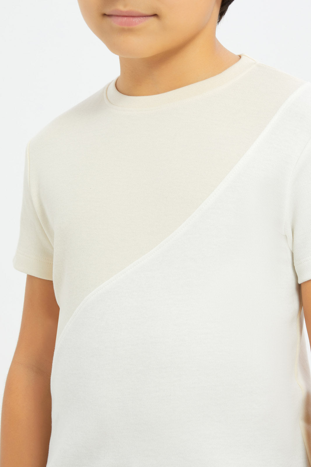 Redtag-Boys-Beige-Cut-And-Sew-Short-Sleeve-T-Shirt-BOY-T-Shirts,-Category:T-Shirts,-CHA,-Colour:Beige,-Deals:New-In,-Dept:Boys,-Filter:Boys-(2-to-8-Yrs),-H1:KWR,-H2:BOY,-H3:TSH,-H4:TSH,-New-In-BOY-APL,-Non-Sale,-RMD,-S23B,-Season:S23D,-Section:Boys-(0-to-14Yrs)-Boys-2 to 8 Years