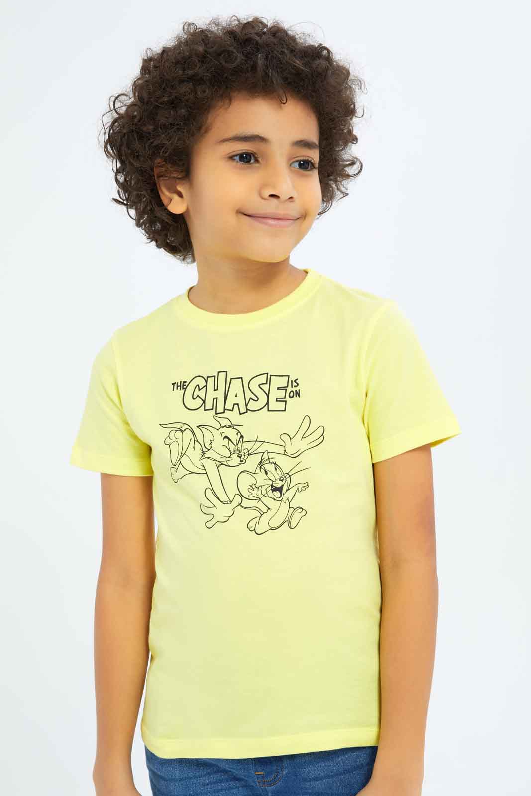 Redtag-Boys-Yellow-Tom-And-Jerry-Short-Sleeve-T-Shirt-BOY-T-Shirts,-Category:T-Shirts,-CHA,-Colour:Yellow,-Deals:New-In,-Dept:Boys,-Filter:Boys-(2-to-8-Yrs),-New-In-BOY-APL,-Non-Sale,-S23B,-Section:Boys-(0-to-14Yrs)-Boys-2 to 8 Years