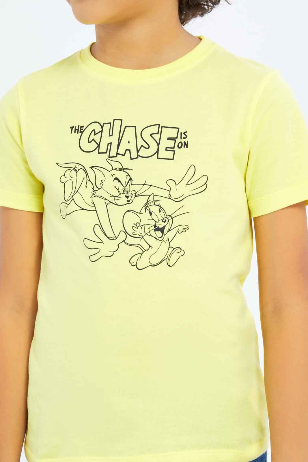 Redtag-Boys-Yellow-Tom-And-Jerry-Short-Sleeve-T-Shirt-BOY-T-Shirts,-Category:T-Shirts,-CHA,-Colour:Yellow,-Deals:New-In,-Dept:Boys,-Filter:Boys-(2-to-8-Yrs),-New-In-BOY-APL,-Non-Sale,-S23B,-Section:Boys-(0-to-14Yrs)-Boys-2 to 8 Years